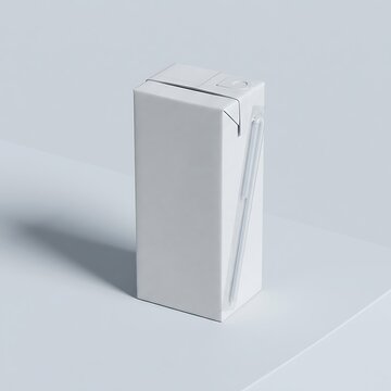 Small white blank juice carton box with a plastic drinking straw standing on a flat surface in studio. juice box mockup
