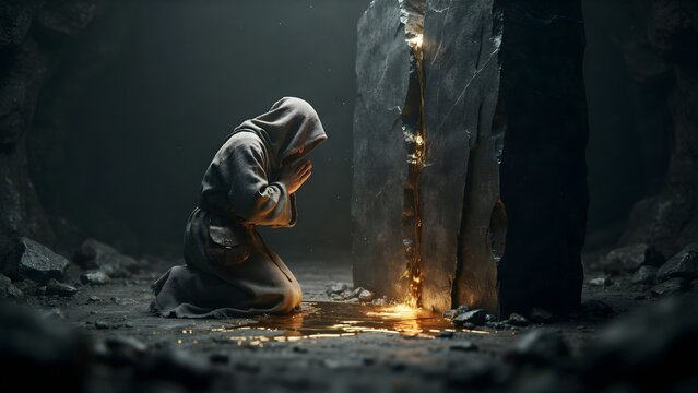 Woman praying or meditating in a dark cave with glowing fire and large stone
