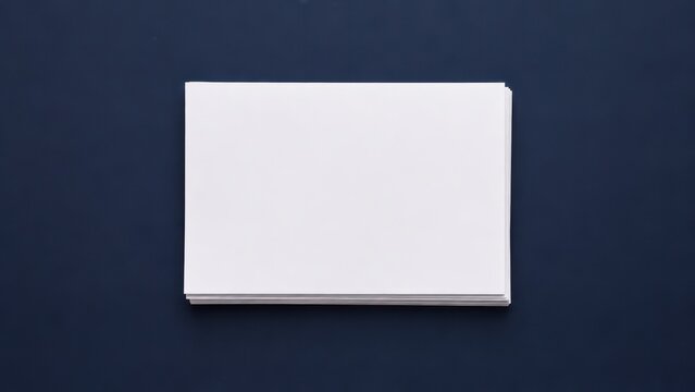 Top view of a square stack of blank white cards on dark blue