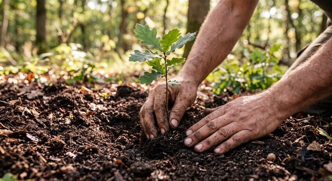 Hands Planting an Oak Sapling in Rich Soil
