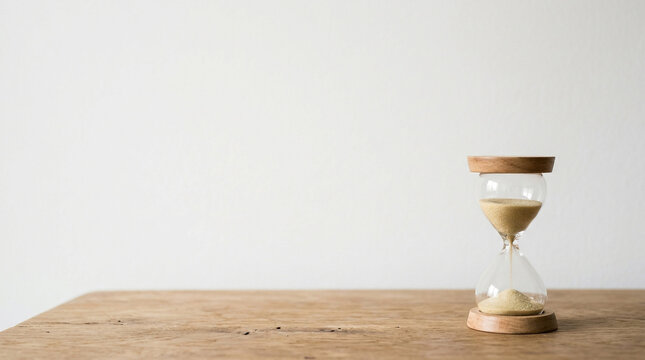 Wooden Hourglass With Flowing Sand Placed On A Rustic Tabletop Surface