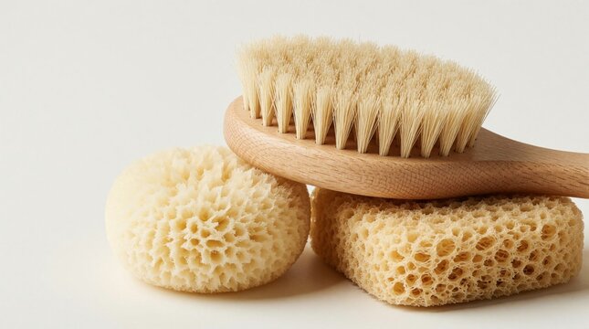 Natural bath brush and two sponges rest on white surface. Wooden bristles and porous texture await body care ritual. Eco friendly hygiene items for clean skin.