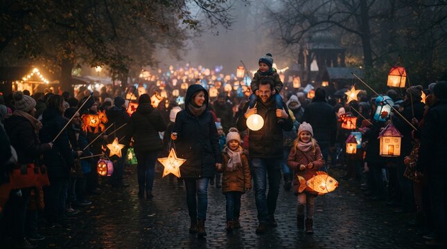 Family walking in a lantern parade at dusk, holding illuminated lanterns