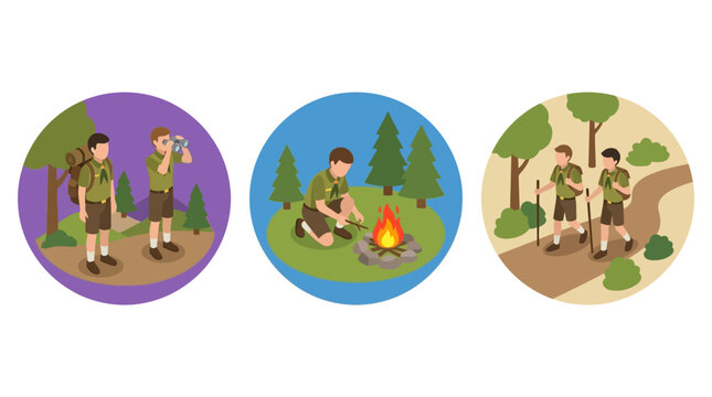 Scout characters enjoying outdoor activities like camping, hiking, and exploring nature in round badge illustrations.