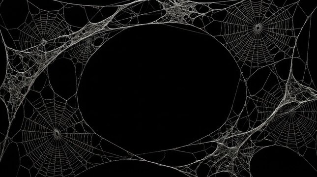 White spider web silhouettes against black background with empty space with overlap against stark