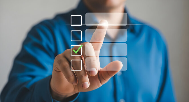 Business Professional Interacting With Digital Checklist Interface for Task Management and Goal Completion Progress