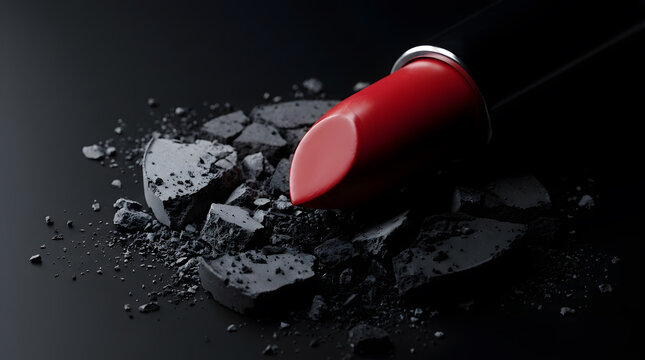 Luxury red lipstick macro photography | Crushed black eyeshadow and lipstick art | Professional cosmetic product photography on black background | Dramatic makeup creative flat lay concept