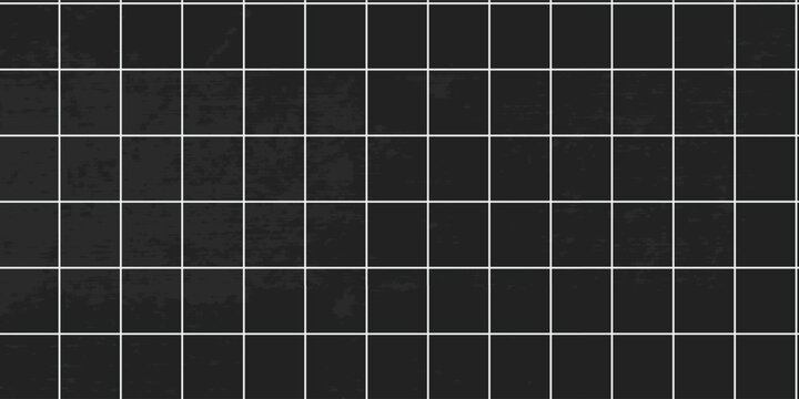 Black square ceramic tile wall background with white grout lines, modern dark bathroom or kitchen interior stone texture pattern, minimalist architecture backdrop for design and copy space.