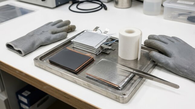 pouch battery cells with anodes cathodes separator roll tweezers and insulated gloves on a workbench