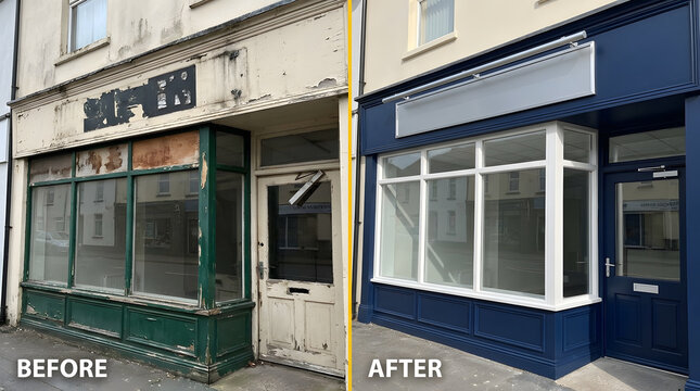 Commercial shopfront renovation before and after | Modern storefront restoration and design ideas | Small business property improvement comparison | Retail store facade makeover transformation