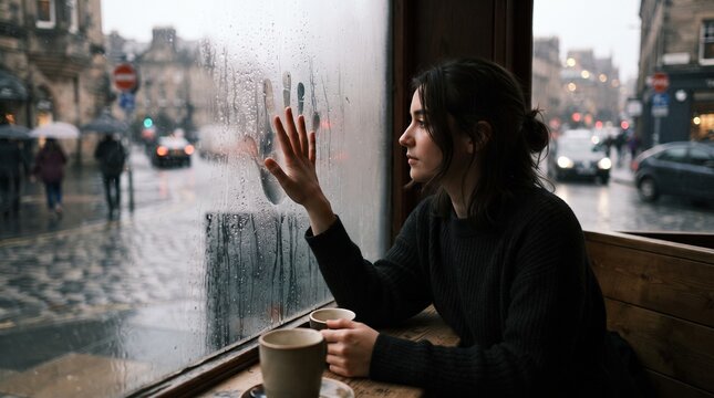 Young woman touching a rainy window in a cafe overlooking city street
