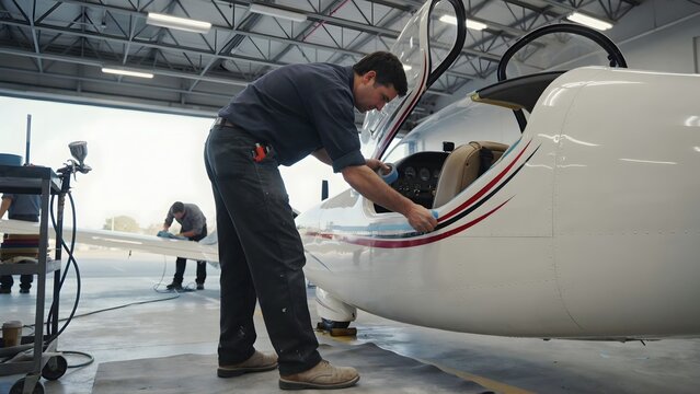 Aircraft maintenance technician inspecting single-engine airplane in aviation hangar