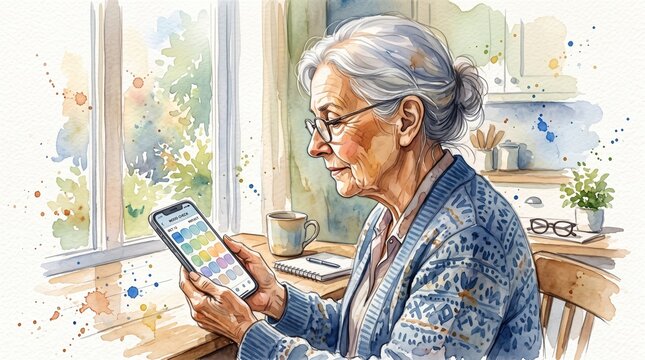 Elderly woman checking mood tracker on smartphone. Watercolor style depicts technology as gentle mental health support. Ideal for wellness, aging, and digital therapy content.