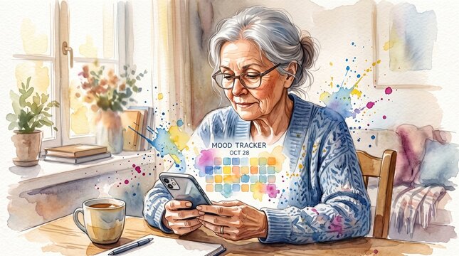 Senior woman monitors mental health with a colorful mood tracker app on her smartphone. The watercolor style creates a gentle, supportive atmosphere. Ideal for wellness and aging tech content.