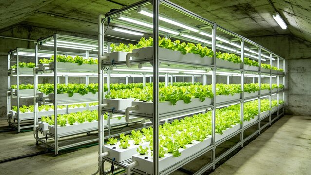 Vertical hydroponic farm with leafy greens in underground space