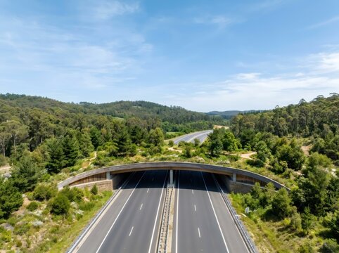 Aerial view of green wildlife overpass bridge crossing highway through forest. Eco corridor allowing animals to cross road safely. Sustainable infrastructure and environmental conservation concept.