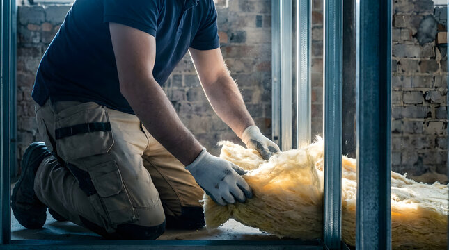 Professional technician installing mineral wool insulation in a wall | Residential home renovation energy efficiency upgrades | Thermal insulation installation for metal stud partitions