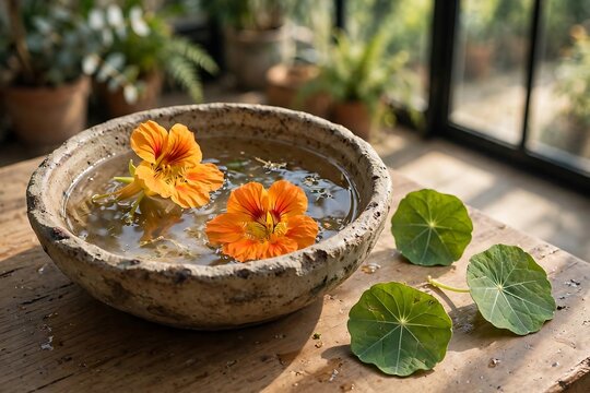 Orange Nasturtium Flowers Floating in Rustic Water Bowl
