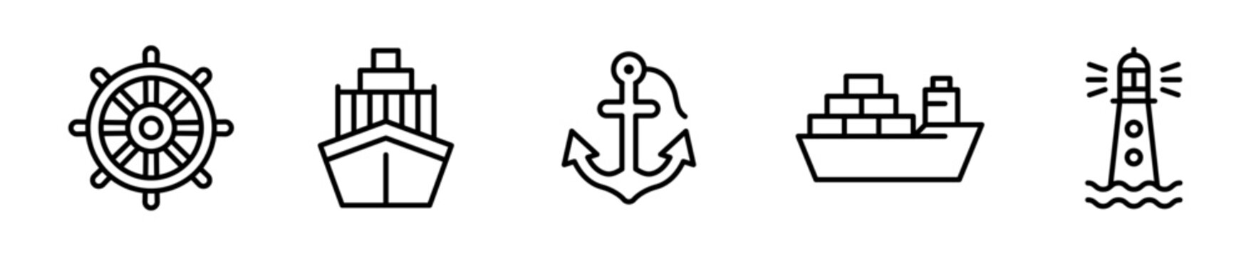 Set de 5 iconos de mar&iacute;timo y barco. Tim&oacute;n, barco contenedor, ancla, barco cargo y faro. Vector outline
