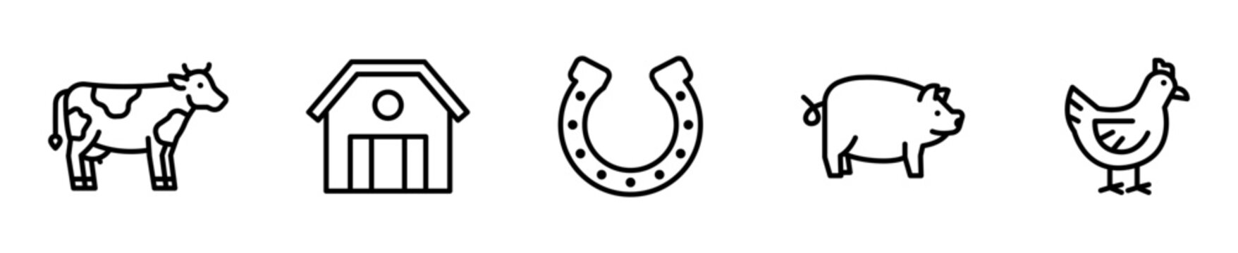 Set de 5 iconos de ganader&iacute;a. Vaca, establo, herradura, cerdo y gallina. Vector outline
