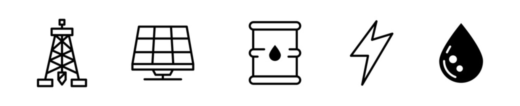 Set de 5 iconos de energ&iacute;a y petr&oacute;leo. Torre petrolera, panel solar, barril de petr&oacute;leo, rayo de energ&iacute;a y gota de petr&oacute;leo. Vector outline