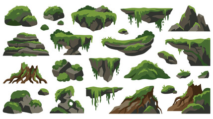 Fototapeta premium Green mossy rock platforms with lush plants for isometric game level design.