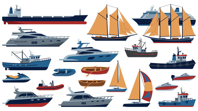Various types of boats and watercraft including yachts and sailboats.