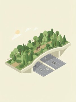 Isometric illustration of wildlife crossing bridge over highway with deer walking among green trees. Eco infrastructure concept connecting forest habitats separated by
