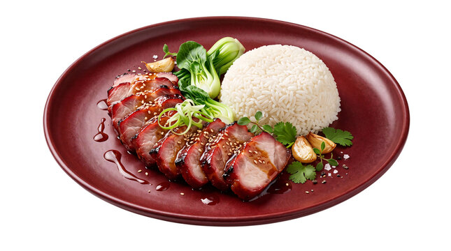Sliced char siu pork with steamed rice and bok choy on png on isolated transparent background