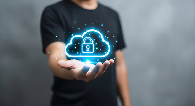Person Holding a Glowing Digital Cloud Security Icon Representing Advanced Data Protection and Secure Virtual Storage Solutions in Modern Computing