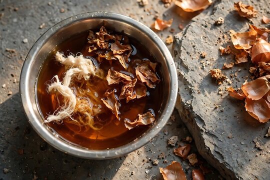 Onion Skins Soaking With Natural Fibers in Dye Bath