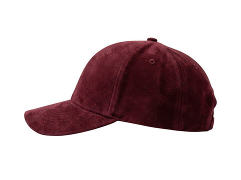 Side view of a dark red suede baseball cap isolated on transparent background