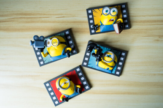 Bangkok, Thailand - September 3, 2026 : 52TOYS MINIONS and MONSTERS Action Series Fridge Magnet Blind Box Merch. 4 main Minion designs