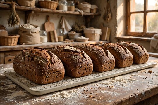 Rustic Seeded Rye Bread Loaves Cooling in Country Bakery