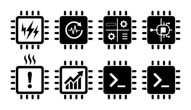 Technology Icons Set: Microchip Symbols for Computing, Data, and System Functions, Vector Graphics Collection