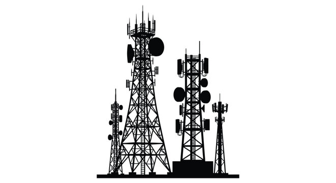 Cell towers and communication masts against a white background silhouette