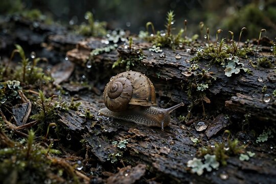 Garden Snail Crawling Across Wet Mossy Bark