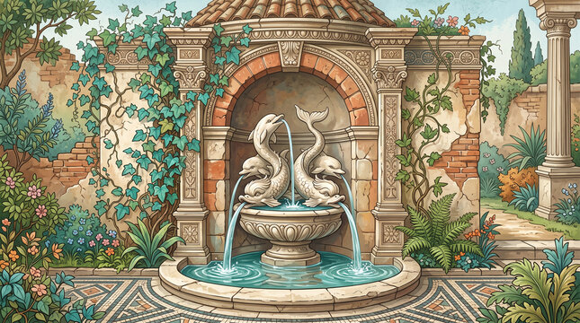 Roman Garden Niche with Marble Dolphins and Water Pool for Wall Art Decor and Ancient Classical Wallpaper Design

