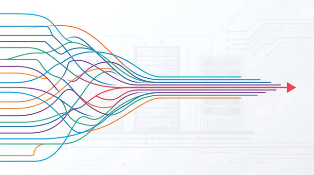 Abstract flow diagram showing data convergence and network connectivity in a minimalist digital space