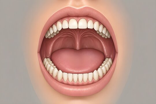 human mouth, oral cavity, realistic lips, teeth, gums, tongue, inner cheeks, hard palate, soft palate. Use precise anatomical proportions, subtle tissue textures