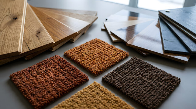 Hardwood and laminate flooring samples for home renovation | Interior design material selection with carpet and wood swatches | Professional flooring options for residential remodeling