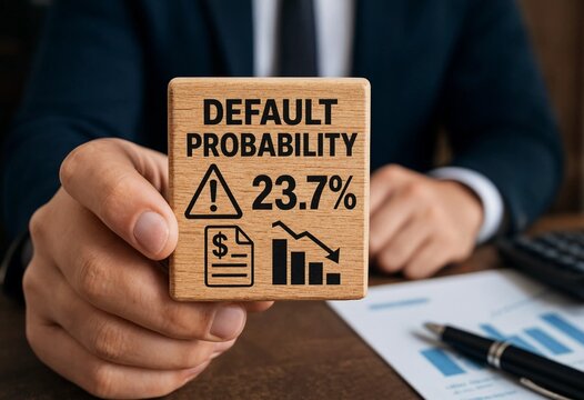 Business professional holding wooden block indicating high default probability of twentythree point seven percent with financial icons