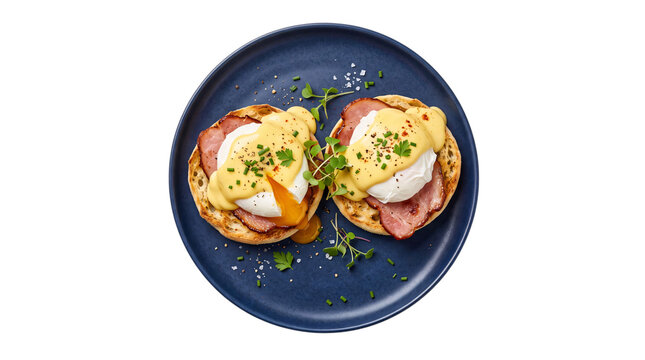 Two eggs benedict with ham and hollandaise sauce on png on isolated transparent background