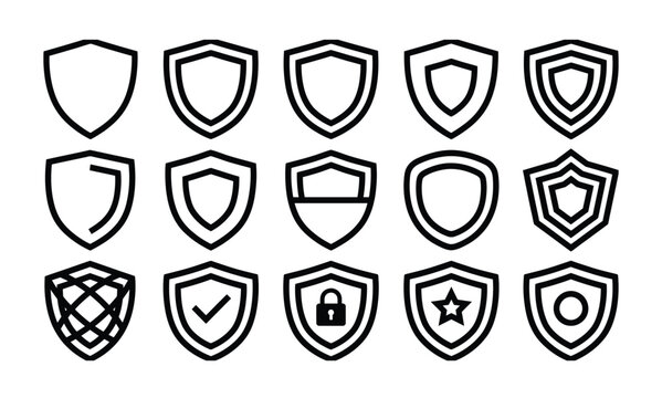 Set of fifteen various shield icons representing security protection safety and defense in a simple line art style