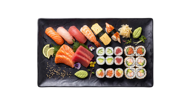 Variety of sushi rolls, nigiri, and sashimi on black png on isolated transparent background