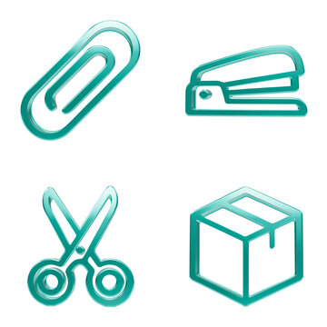 Business stationary icons featuring metal paperclip stapler scissors and a cardboard delivery package for shipping services