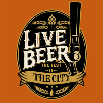 A detailed craft brewery shield insignia featuring a large ornamental tap handle and hop cones integrated with traditional banner scrolls on a dark background.
