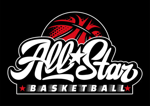 A dynamic and energetic emblem featuring a stylized halftone basketball behind a prominent script logotype and a secondary line of athletic text.