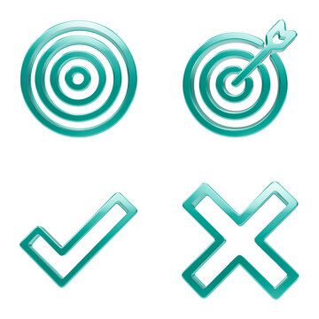 Set of glossy teal target and validation symbols featuring check mark and cross mark icon designs
