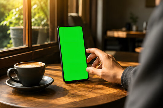 Person tapping green screen smartphone mockup in cafe